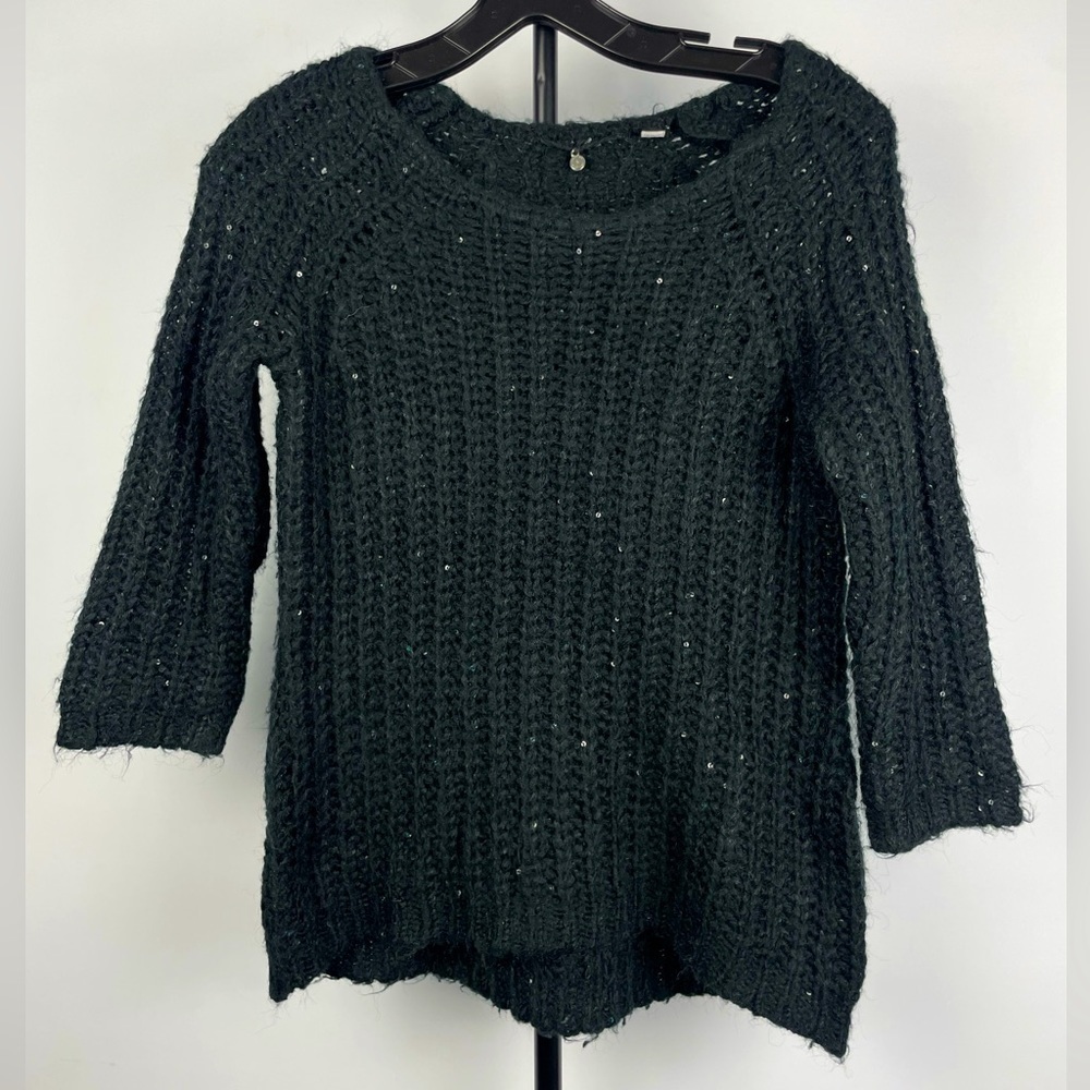Anthropologie Knitted & Knotted Black Knit Sequin Sunstitch 3/4 Sleeve‎ Sweater